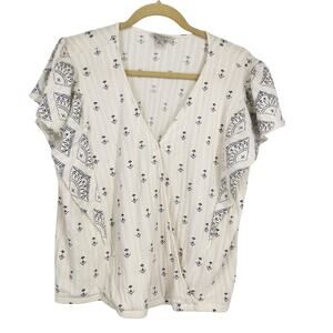 Lucky Brand White & Navy Print Blouse Butterfly Sleeve